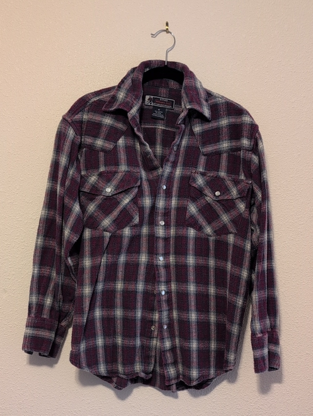 Wrangler Style Burgundy and Cream Plaid Snap Button-Down Shirt